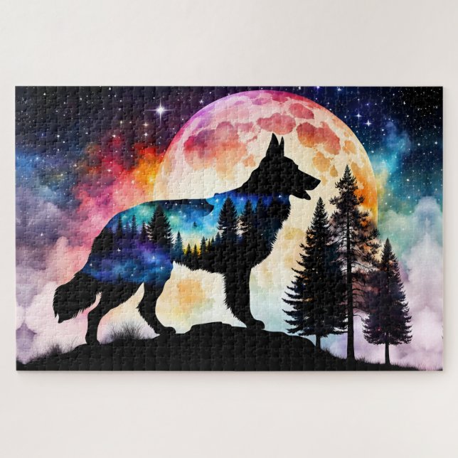 German Shepherd Silhouette on the Mountain Moon  Jigsaw Puzzle (Horizontal)