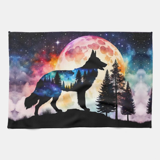 German Shepherd Silhouette on the Mountain Moon  Tea Towel (Horizontal)