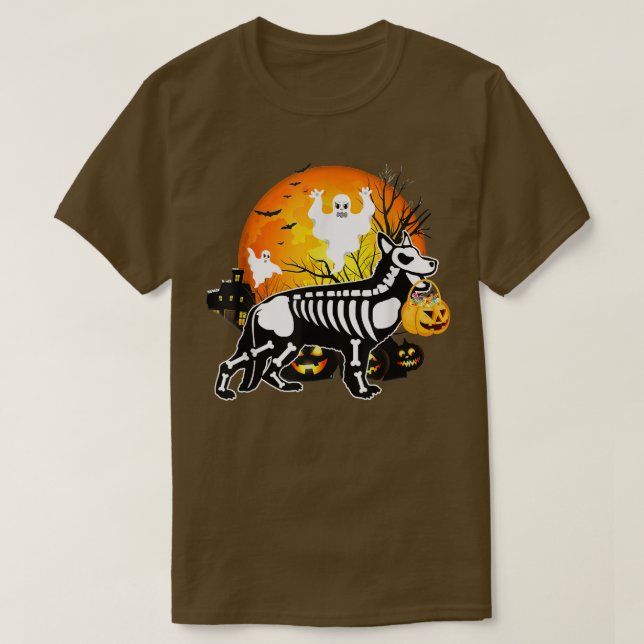 German Shepherd Skeleton Ghost Pumpkin Candy Happy T-Shirt (Design Front)