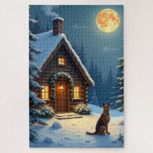German Shepherd Snowy Forest Cabin Christmas Paint Jigsaw Puzzle