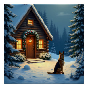 German Shepherd Snowy Forest Cabin Christmas Paint Poster