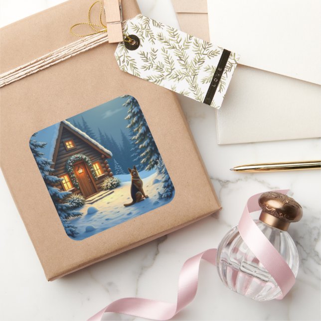 German Shepherd Snowy Forest Cabin Christmas Paint Square Sticker (Gifting)
