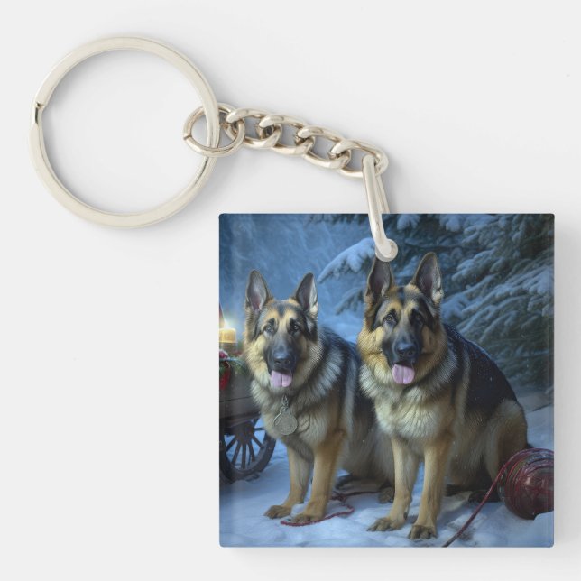 German Shepherd Snowy Sleigh Christmas Decor  Key Ring (Front)
