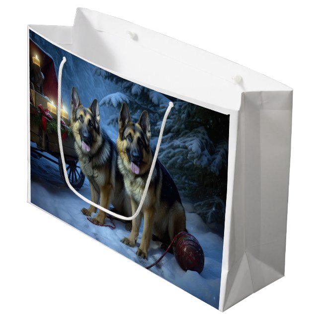 German Shepherd Snowy Sleigh Christmas Decor  Large Gift Bag (Front Angled)