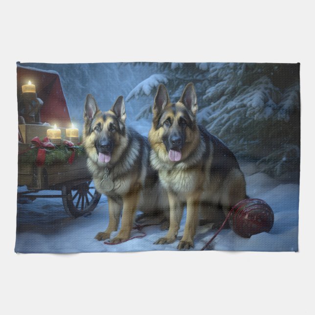 German Shepherd Snowy Sleigh Christmas Decor  Tea Towel (Horizontal)