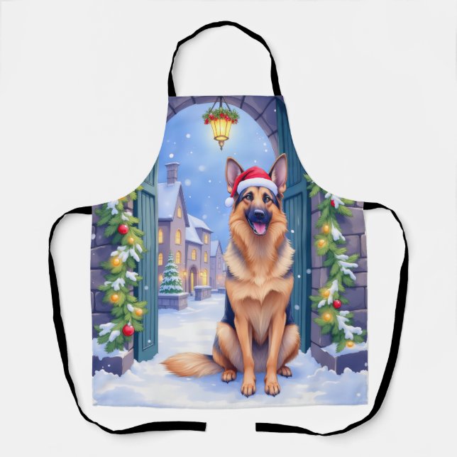 German Shepherd Snowy Town Gate Santa Christmas Apron (Front)
