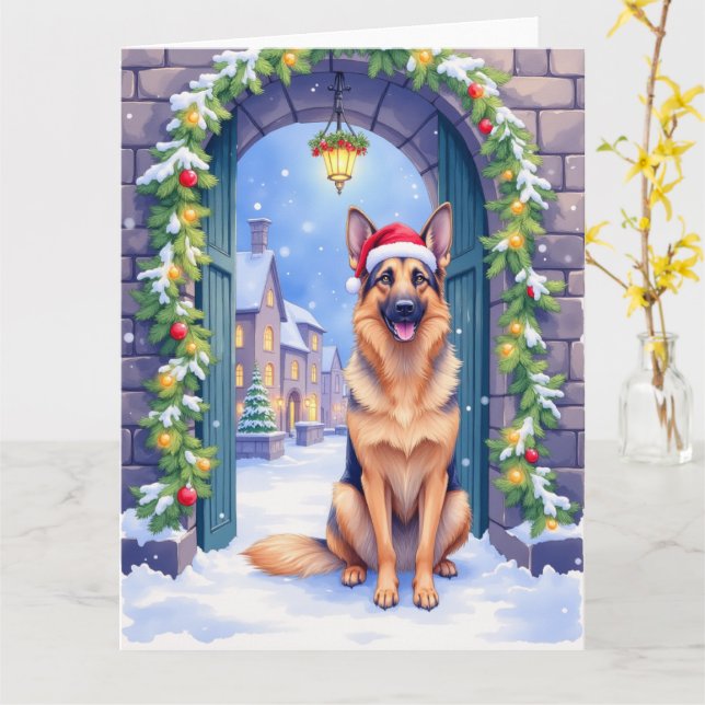 German Shepherd Snowy Town Gate Santa Christmas Card (Yellow Flower)