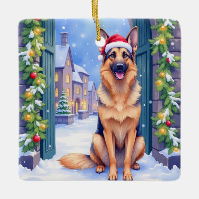 German Shepherd Snowy Town Gate Santa Christmas Ceramic Ornament (Front)