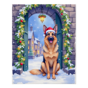 German Shepherd Snowy Town Gate Santa Christmas Poster