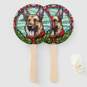German Shepherd Stained Glass Christmas Hand Fan