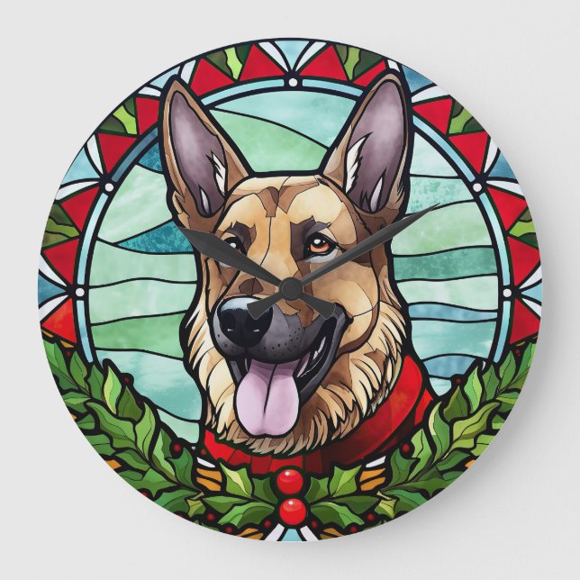 German Shepherd Stained Glass Christmas Large Clock (Front)