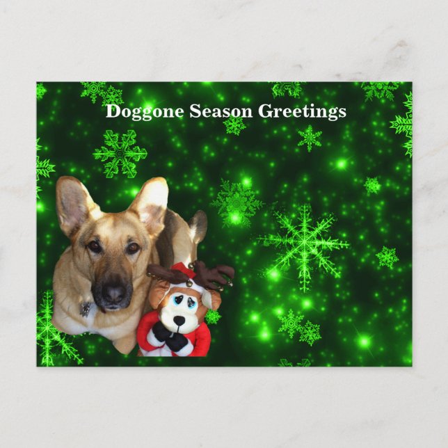German Shepherd, Toy Reindeer, Green Snowflakes Holiday Postcard (Front)