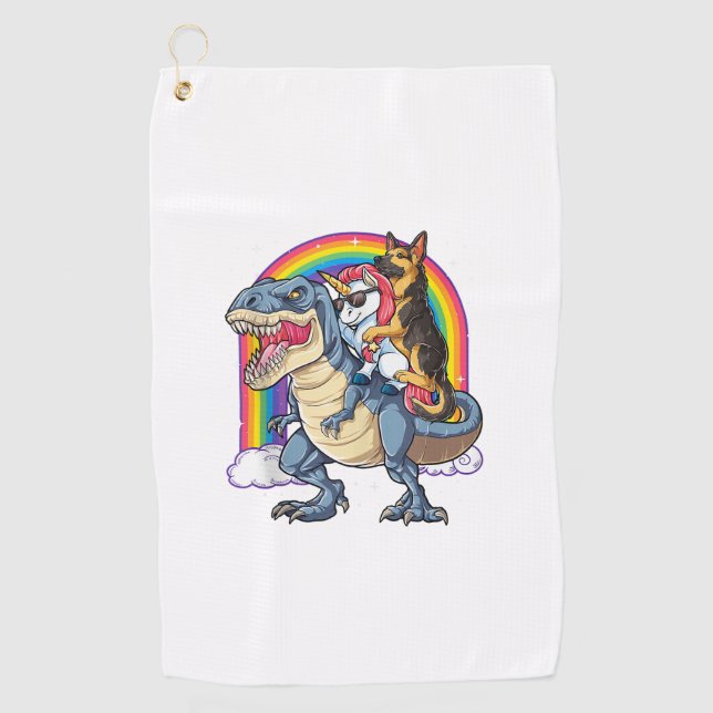 German Shepherd Unicorn Dinosaur T rex Funny Rainb Golf Towel (Front)