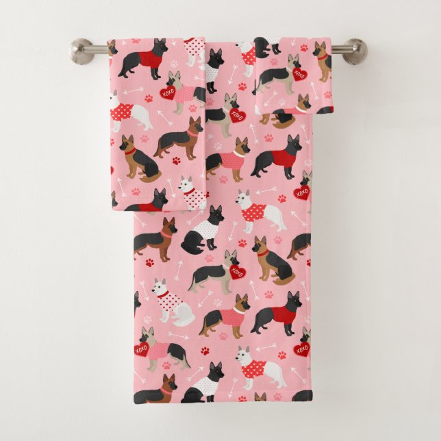 German Shepherd Valentine Pattern Bath Towel Set (Insitu)