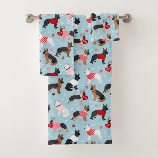 German Shepherd Valentine Pattern Bath Towel Set (Insitu)