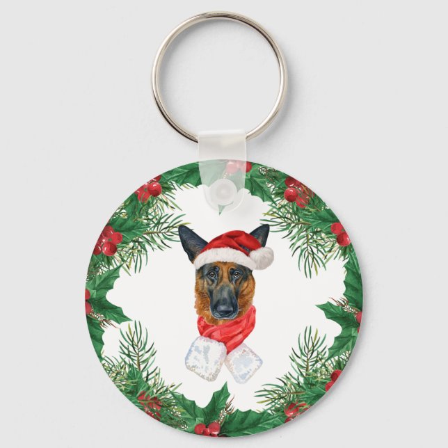 German Shepherd Watercolor Christmas Pine Branches Key Ring (Front)
