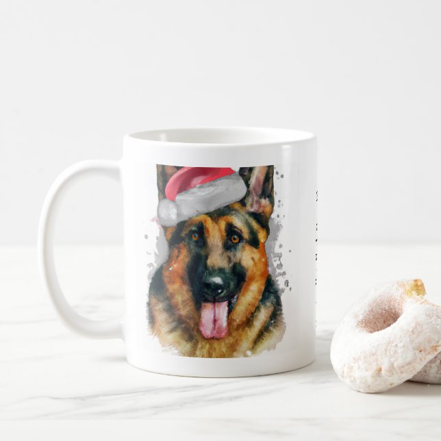 German Shepherd wearing Christmas Santa hat Custom Coffee Mug (With Donut)