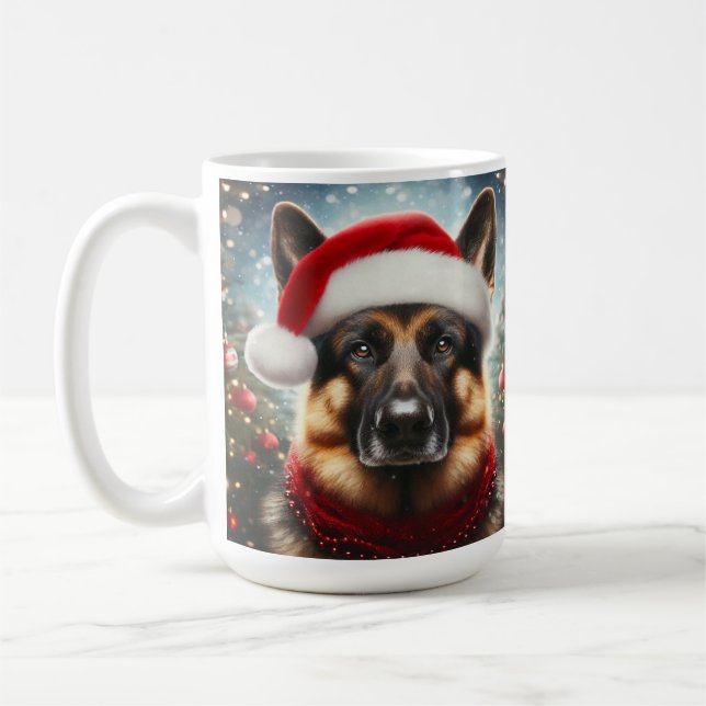 German Shepherd Wearing Santa Hat and Scarf Coffee Mug (Left)