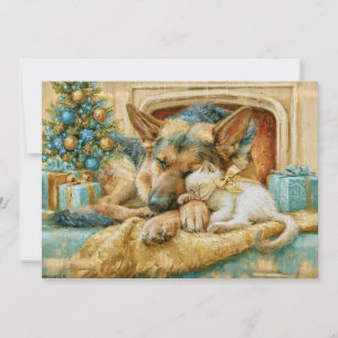 German Shepherd White Kitten Sleeping Christmas Holiday Card