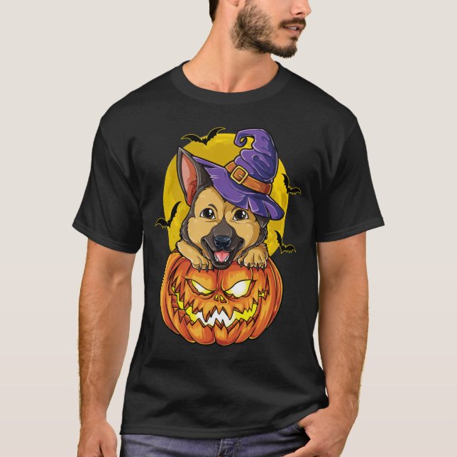 German Shepherd Witch Pumpkin Halloween T-Shirt (Front)