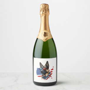 German Shepherd with American Flag I Love a Dog  Sparkling Wine Label