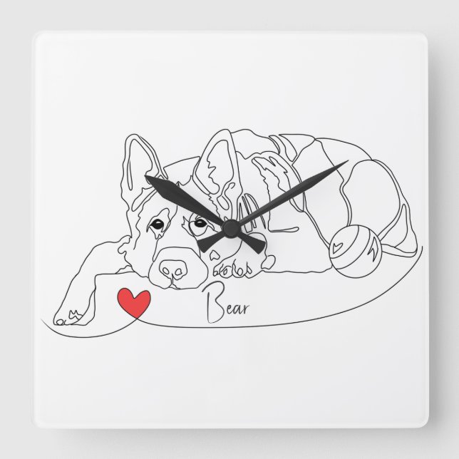 German Shepherd with Ball Line Art with Name Square Wall Clock (Front)