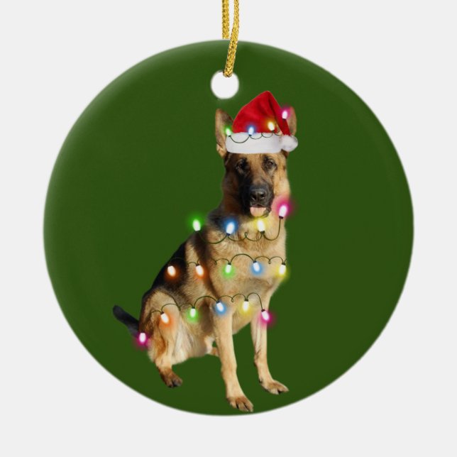 German Shepherd With Christmas Scafts Santa Ceramic Tree Decoration (Front)