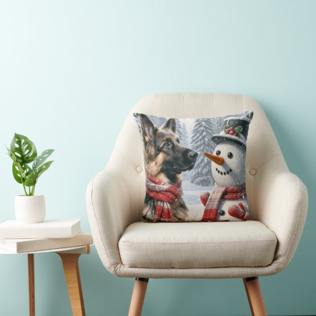German Shepherd With Christmas Snowman Cushion (Chair)