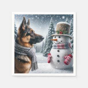 German Shepherd With Holiday Snowman Napkin