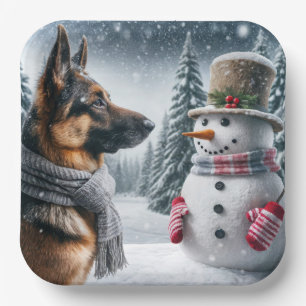 German Shepherd With Holiday Snowman Paper Plate
