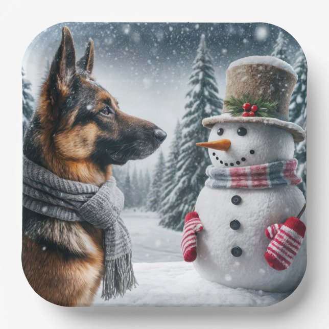German Shepherd With Holiday Snowman Paper Plate (Front)