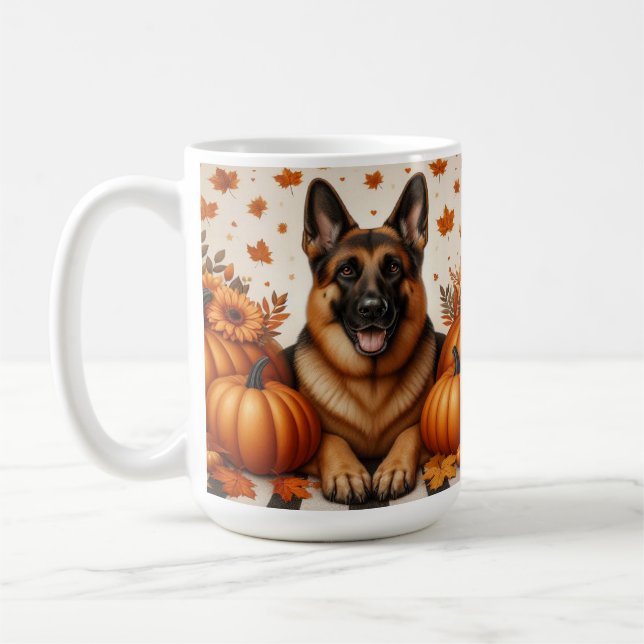 German Shepherd With Pumpkins And Autumn Leaves Coffee Mug (Left)