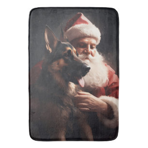 German Shepherd With Santa Claus Festive Christmas Bath Mat
