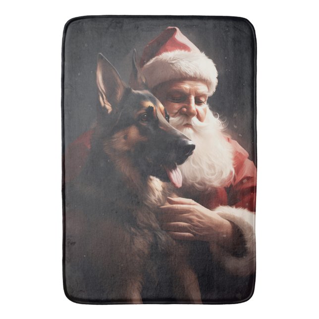 German Shepherd With Santa Claus Festive Christmas Bath Mat (Front Vertical)