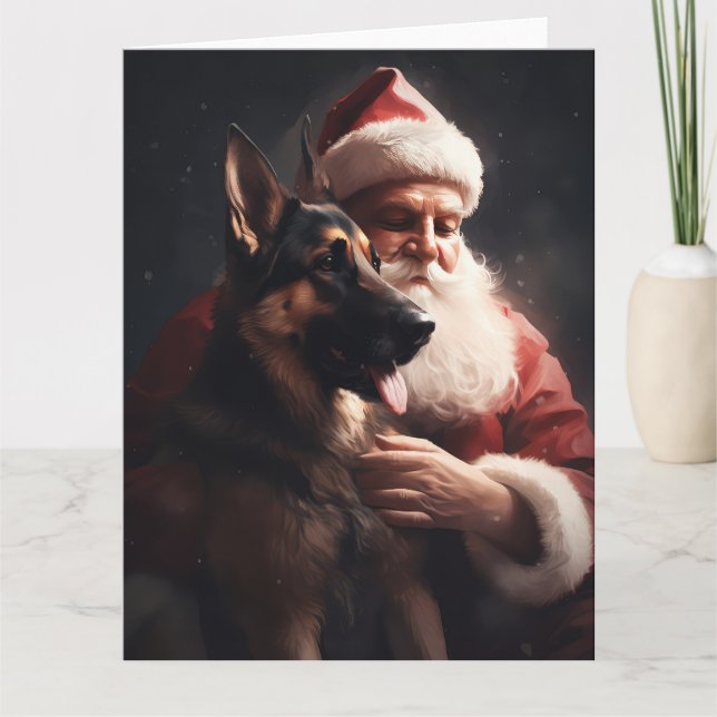 German Shepherd With Santa Claus Festive Christmas Card (Front)