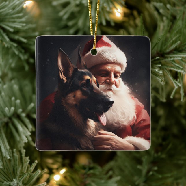 German Shepherd With Santa Claus Festive Christmas Ceramic Ornament (Tree)