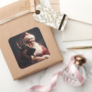 German Shepherd With Santa Claus Festive Christmas Square Sticker