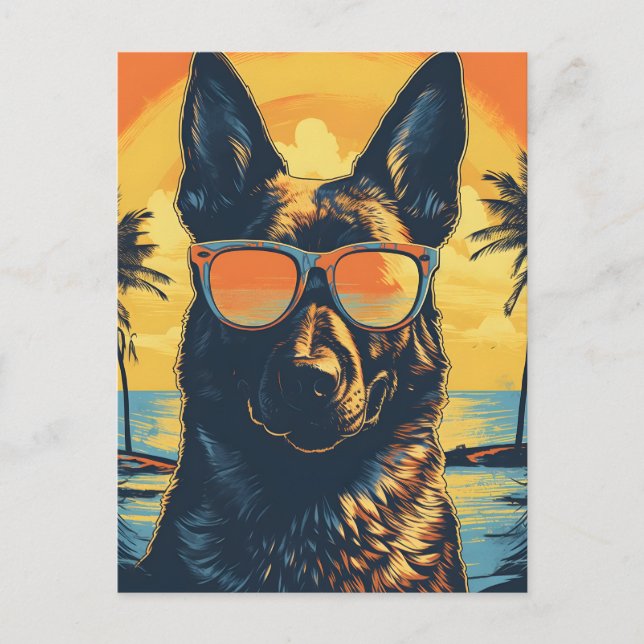 German-shepherd with sunglasses at a beach postcard (Front)