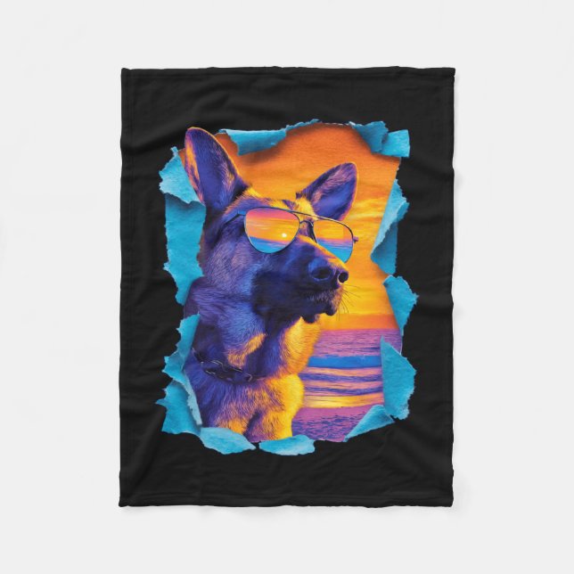 German shepherd with sunglasses sunset tropical fleece blanket (Front)