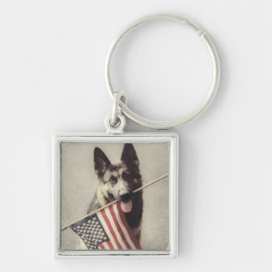 German Shepherd With US Flag Key Ring