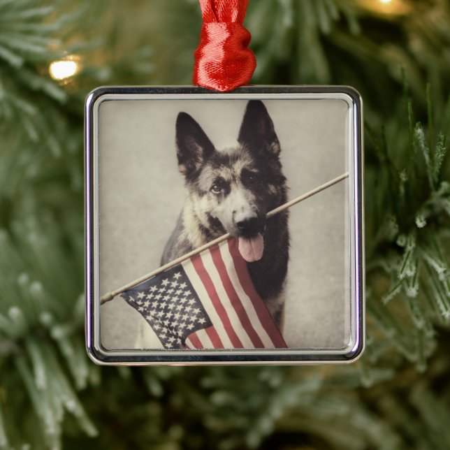 German Shepherd With US Flag Metal Tree Decoration (Tree)