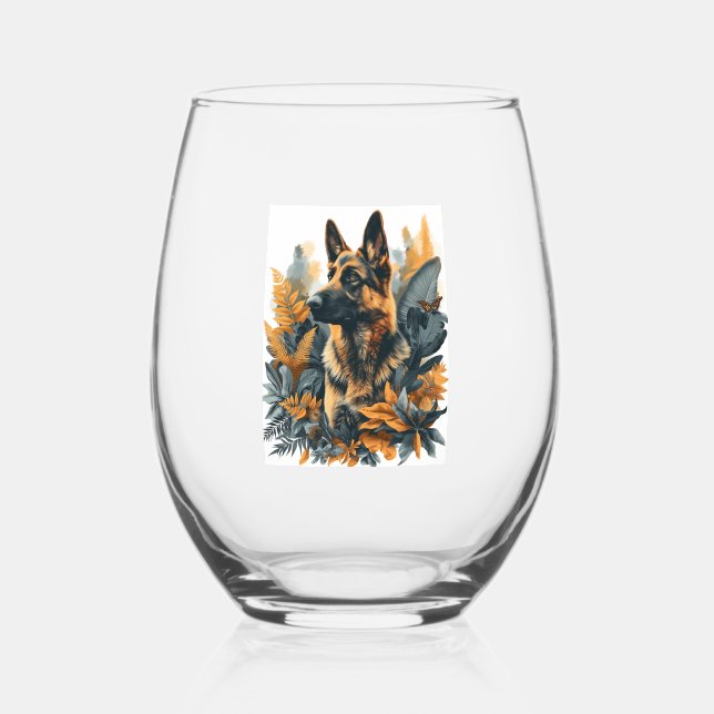 German Shepherds Amid Exotic Foliage Stemless Wine Glass (Front)