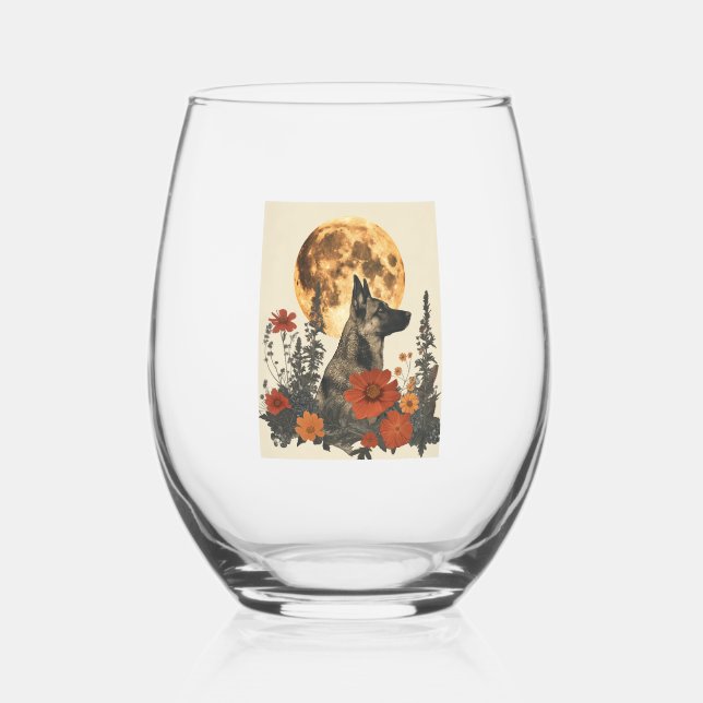 German Shepherds Amidst Blossoming Moons Stemless Wine Glass (Front)