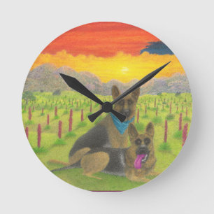 German Shepherds At Sunset Round Clock