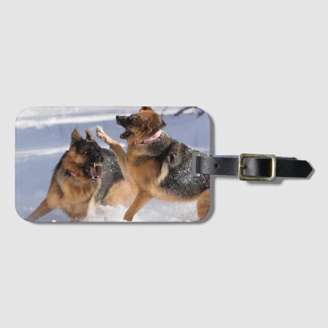 German Shepherds playing in snow luggage tag (Front Horizontal)