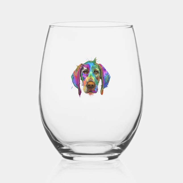 German Shorthaired Pointer Dog Face Colourful Pop  Stemless Wine Glass (Front)
