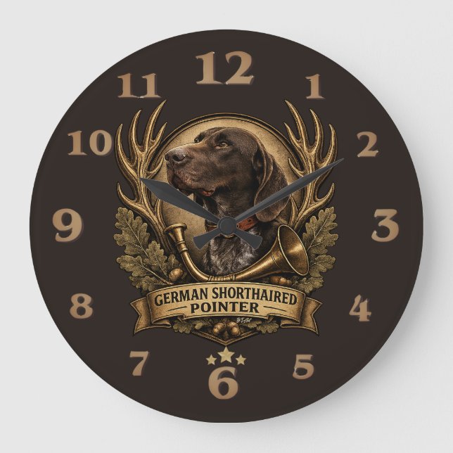 German Shorthaired Pointer, Hunting Horn Art Large Clock (Front)