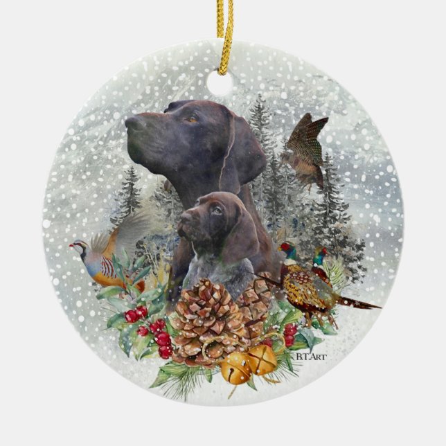 German Shorthaired Pointer in winter  Ceramic Tree Decoration (Front)