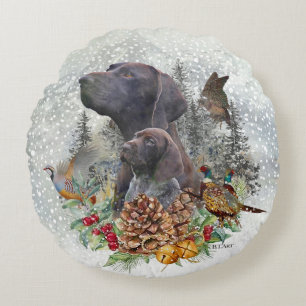 German Shorthaired Pointer in winter Round Cushion
