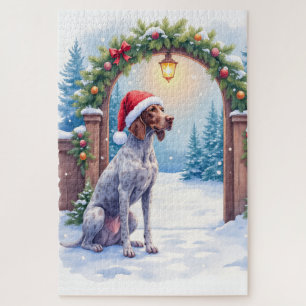 German Shorthaired Pointer Snowy Gate Santa Hat Jigsaw Puzzle